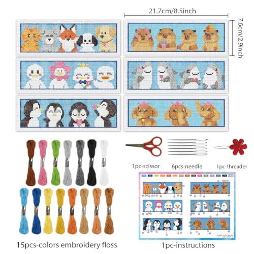 Image of INFUNLY 6PCS Horizontal Animals Cross Stitch Bookmarks Kits 3x8.5inch Brave Penguin Stamped Embroidery Bookmark Set Pets Cats Dogs Needlepoint Bookmark Kit with Instruction for Book Lovers Writer