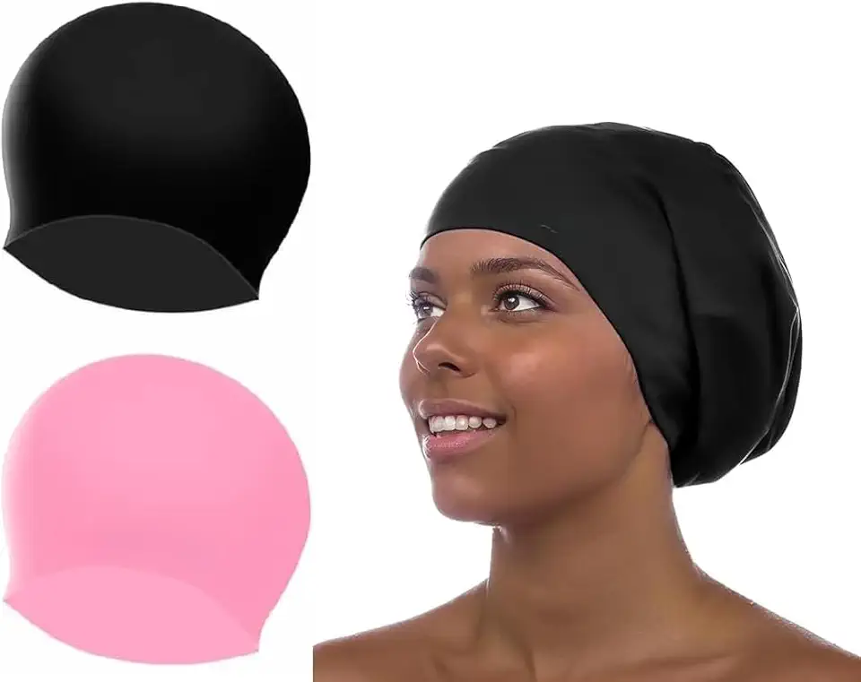 2 toucas de natação para cabelos longos, dreadlocks, tranças, extensões de cabelo, tranças, cachos e afros - Touca de natação de silicone para mulheres e homens, mantenha o cabelo seco