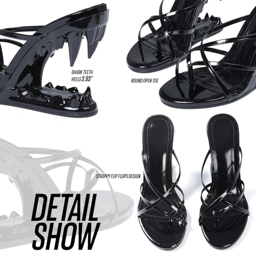 Image of Goiphrri Wedge Sandals for Women Strappy Heels Round Open Toe Heels Metallic Shark Tiger Teeth heeled Sandals Flip Flops Thong Womens Mules Slip on Party Dress Wedding Ceremony