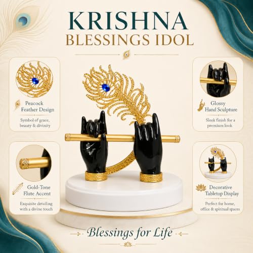 Image of CraftVatika Goldplated Krishna Black Hand with Flute Idol Peacock Feather Mor Pankh Showpiece,Housewarming Gift, Birthday Anniversary Wedding Janmashtami Gift, Home Decor Decoration Items for Living
