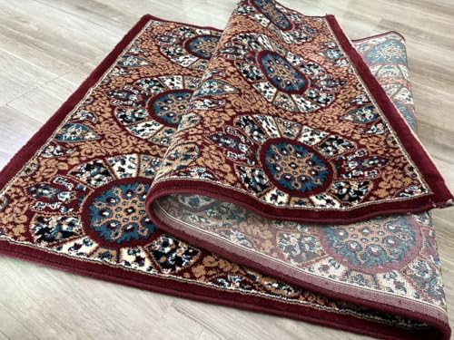 Image of Premium Runner Carpet, Vintage Medallion Pattern, Non Slip, Thick, Ideal for Bedroom, Living Room & Entryway, 3x5 Feet Maroon Multi Color