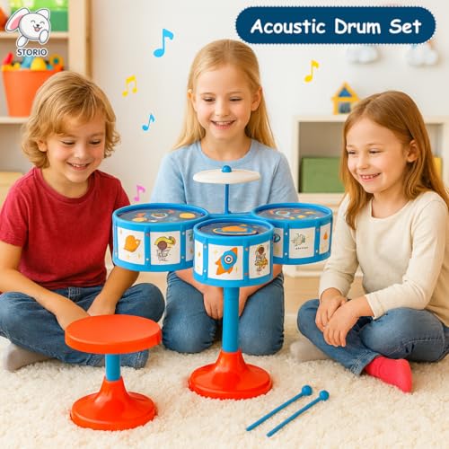 Image of Storio Jazz Drum Set for Kids | Musical Toy Set with 3 Drums, 1 Cymbal, Drumsticks & Stool | Durable Plastic Learning Toy Music Instrument for Boys & Girls for 3 Years+