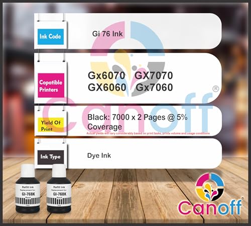 Image of CANOFF GI-76 GI 76 GI76 Refill Ink Bottle Compatible for GX6070, GX7070, GX6060, GX7060 Printers | High Yield Ink - Black 170ml | Premium Print Quality (Gi-76 Black 2pc.)