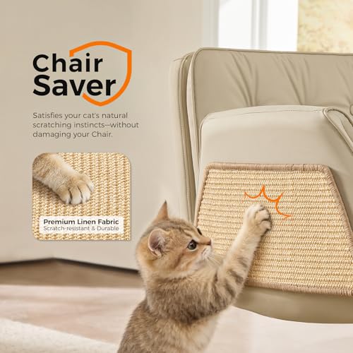 Image of amseatec Criss Cross Chair with Natural Sisal Cat Scratch Pad, 5-Gear Adjustable Armrests, 360 Silent Casters,pet-Friendly Office, Gaming, Leisure, and Make up Vantiy Desk Chair(Cream)