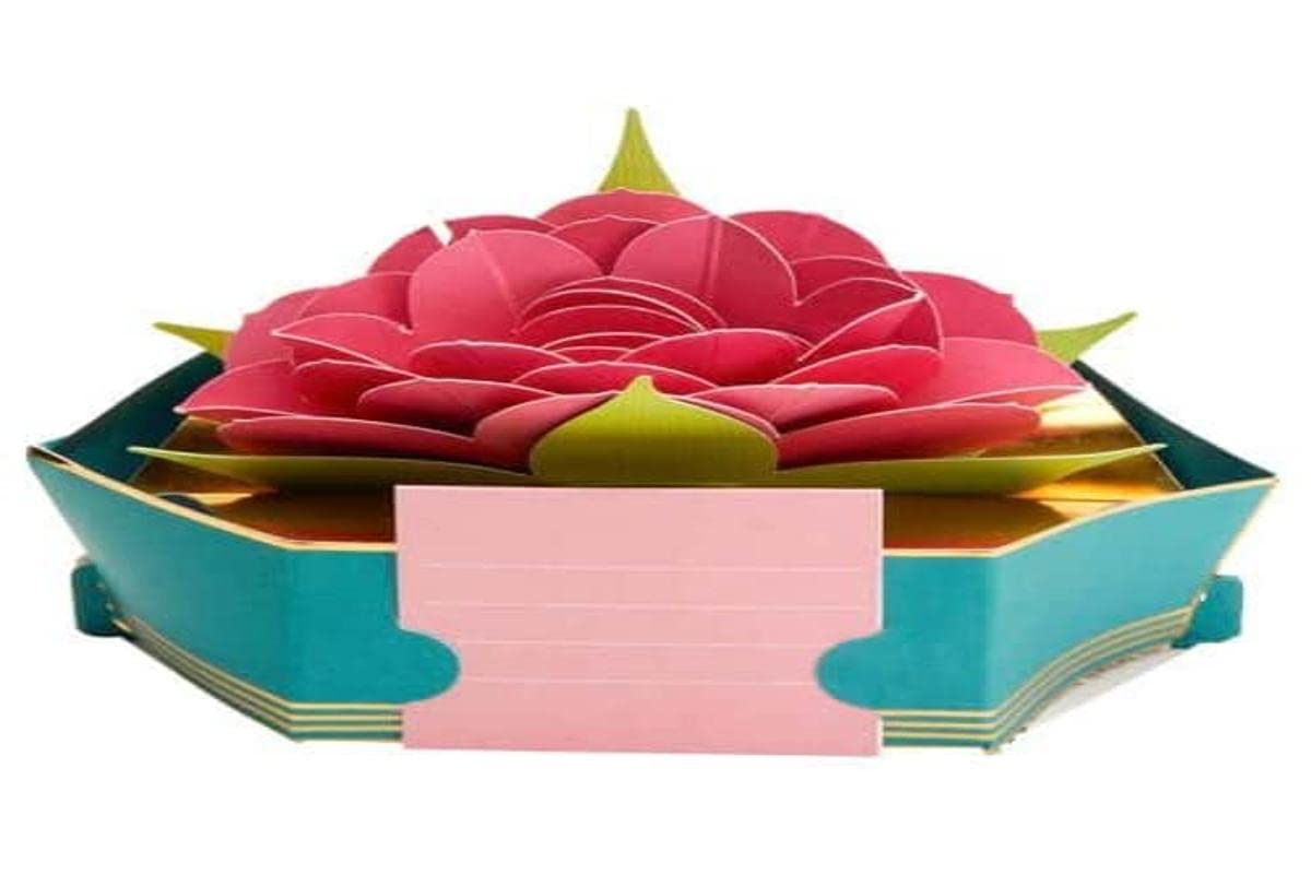 Draeger Paris - Pop Up Greeting Card, 3D Greeting Card with Envelope - Royal Pink Lotus Flower Japanese Zen Spirit Fuchsia Green and Gold - Size 18 x 11,5 cm