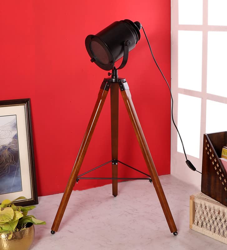 Image of PRISTINE INTERIORS Brown Fabric Shade Tripod Floor Lamp with Black Base Silver Metal Shade Tripod Floor Lamp with Beige Base (Industrial)