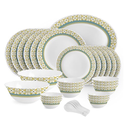 Image of CELLO Morris Imperial Plus Series Opalware Dinner Set of 33 Pieces For Family of 6 | Bone-Ash Free & Leadfree Opal Glass Microwave & Dishwasher Safe Crockery Plates & Bowls Set For Daily Use & Gifting