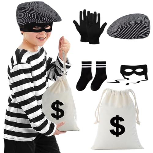 Boyigog Räuber Kostüm Kinder-6Pcs Schwarz-weiß Räuber Kostüm mit Baskenmütze, Schwarzer Maske, Handschuhen, Socke Beutel, Karneval Halloween Party Cosplay Räuber Kostüm (130)