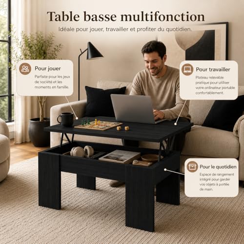 Table basse relevable noire avec compartiment moderne pour optimiser votre salon de 100 cm - 6