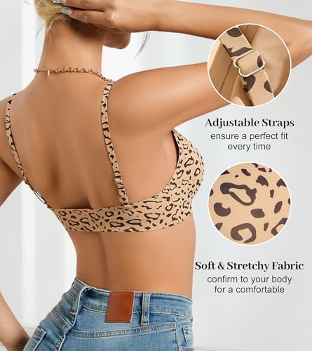 Image of DEANGELMON Front Closure Bras for Women Wireless Lightly Padded Bralett Seamless Low Cut V-Neck Lightweight T-Shirts Bra