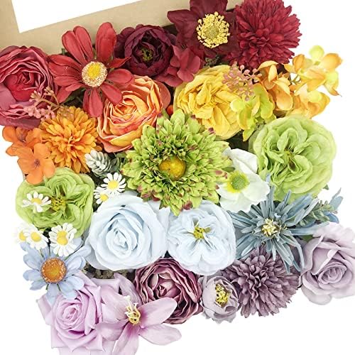 Fake Flowers for Decoration Silk Peony Roses Artificial Flowers Combo Set Real Touch Faux Roses Bouquets with Stems for Wedding Cake Flowers DIY Bridal Bouquet Floral Arrangements Home Decor(Rainbow)