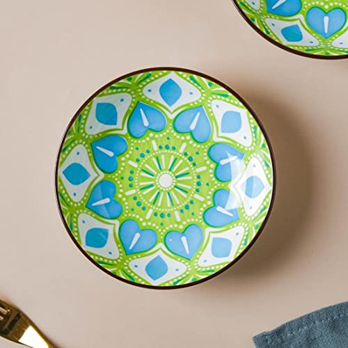Image of Nestasia Ceramic Round Snack Plate Set of 4 (5.5 Inch Each) - Floral Patterned Dahi Bhalla Plate for Serving Chaat, Halwa, Chakna, & Desserts | Microwave & Dishwasher Safe Small Plate (Green & Blue)
