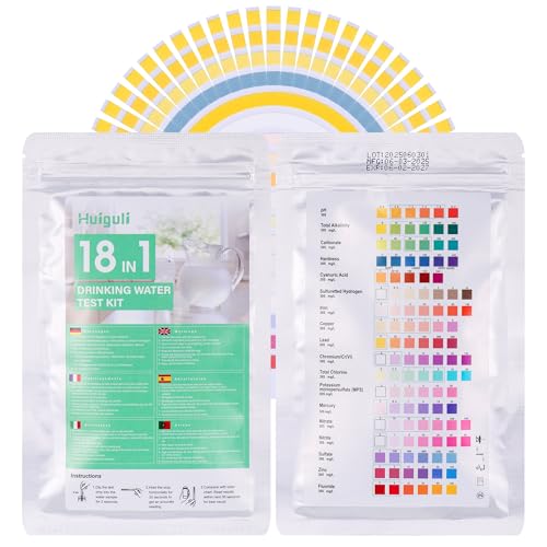 Huiguli 18-in-1 Wassertester Trinkwasser, 50 Stück Trinkwasser Teststreifen Wasserqualität Tester Trinkwasser Wasserhärte Messen für Härte, Chlor, Eisen, Kupfer, Blei