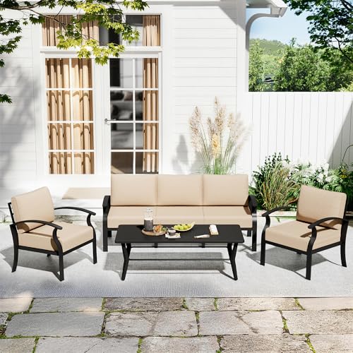 Image of Aluminum Patio Furniture Set with Rectangular Coffee Table, 5 Seats Outdoor Patio Conversation Sets w /5.1 inch Cushions,Patio Conversation Sets for Garden, Backyard, Porch-Sand