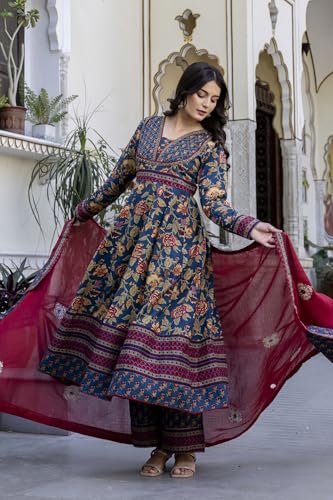 Image of Pistaa's Women's Pure Cotton Anarkali Floral Printed Kurta with Palazzo & Dupatta Set