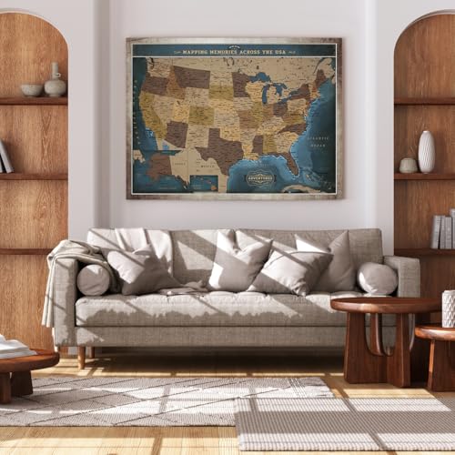 Image of DECORARTS - Deep Blue Vintage USA Travel Map Canvas with Pins, US Map for Travel, for Living Room, Office or Entryway, Ready to Hang, 40x30''