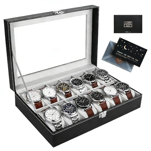 TOSUTO Caja de Relojes con 12 Compartimentos, Caja para Relojes con Tapa de Cristal y Cojín Extraíble, Idea de Regalo, Organizador para Hombres y Mujeres, forro gris
