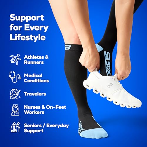 SB SOX Compression Socks for Men & Women (20-30 mmHg) - Best Support Stockings for Travel, Medical, and Sports - Perfect for Everyday Wear (Large, Black/Blue)