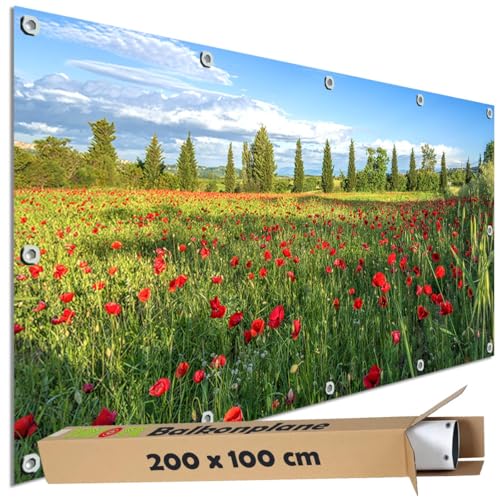 TRIOSK Sichtschutz Balkon Deko Plane Balkonblende Blickdicht mit Motiv Mohnblumen Wiese für Garten Terrasse Gartenzaun Balkonverkleidung Blickschutz PVC groß 200x100 cm