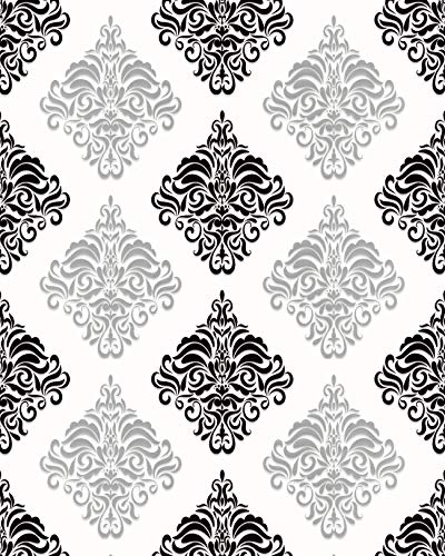 Papier peint baroque EDEM 85024BR20 papier peint vinyle lisse avec des ornements et des accents métalliques blanc noir argent 5,33 m2