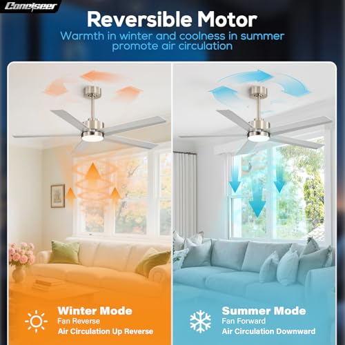 Image of Conciseer 52 Inch Ceiling Fans with Lights and Remote for Bedroom Living Room Kitchen Office, Indoor /Outdoor Use, 3CCT Dimmable, 5 Blades 6 Speed Reversible Quiet DC Motor, Sand-nickel /Silver