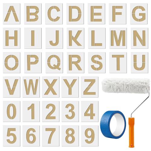 Potchen Parking Lot Painting Kit 36 Pcs 12 Inch Large Letter and Number Stencils Reusable Templates and Paint Roller Blue Tape Senior Parking Spot DIY Art Craft for Wall Door Porch Road Signage