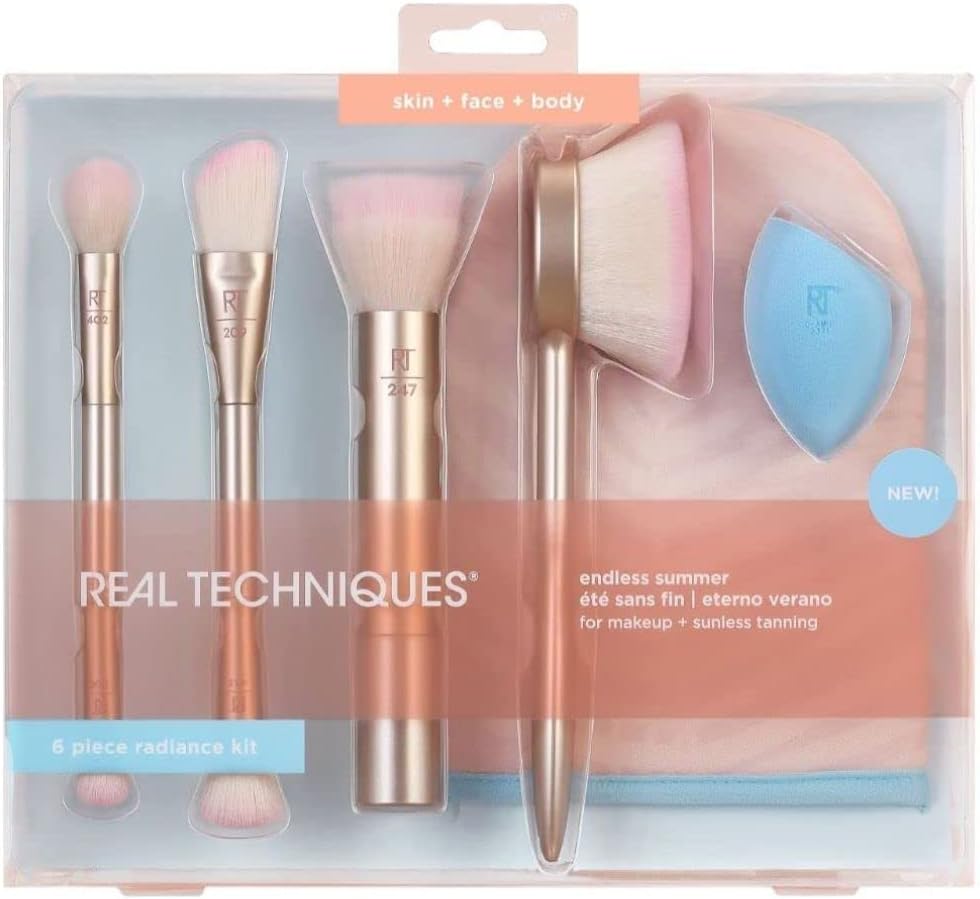 REAL TECHNIQUES Endless Summer Makeup Brush Kit, Face Brushes, for Foundation and Powder Premium Quality, 6 Piece Set, Pink