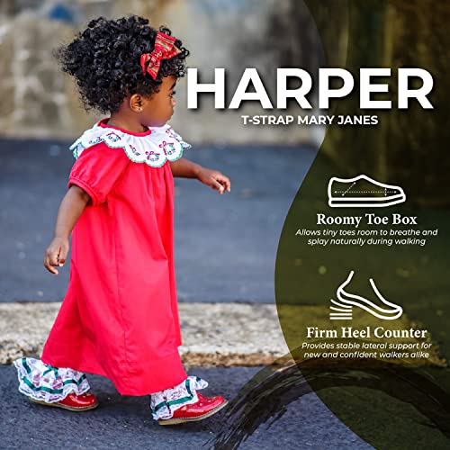 FOOTMATES Harper Mary Jane T-Strap Girls Flat Leather Walking Shoes with Custom-Fit Insoles, Slip-Resistant Non-Marking Outsoles - for Toddlers and Little Kids, Ages 1-84