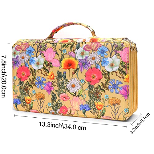 Image of Vomgomfom 300 Slots Marker Case 4-Layer PU Leather, Handle, Yellow Flower