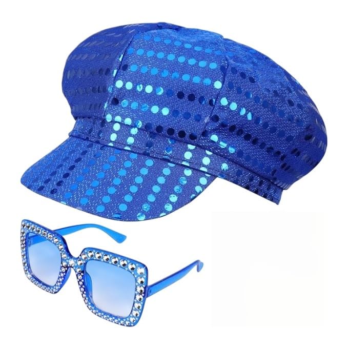 JPqianhao 70s Sequin Hat accessories Women Disco Accessories with Sequins Hat Sunglasses Disco Costume Set for Women Theme Party Birthday Dance(Blue