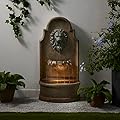 Glitzhome 3-Tier Outdoor Water Fountain with LED Light, Oversized Vintage European Style Lion Head Waterfall Fountains, Rustic Faux Granite Fountain for Garden Patio Deck Porch, 31.75”H