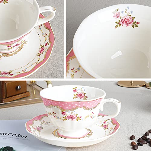 Fanquare English Floral Tea Cup, Pink Porcelain Coffee Cup, 7Oz Flower Tea Cup And Saucer, Elegant Big Tea Cup #TOP1