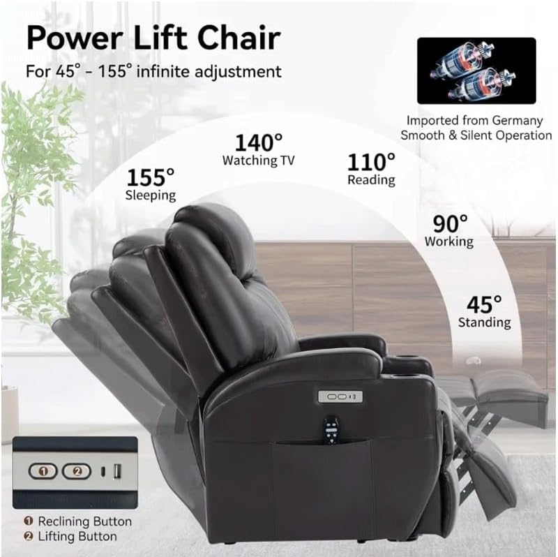 Genuine Leather Electric Power Lift Recliner Chair with 8 Point Massage and Heat, Heavy Duty Electric Chairs with Lumbar Support for Living Room, Brown
