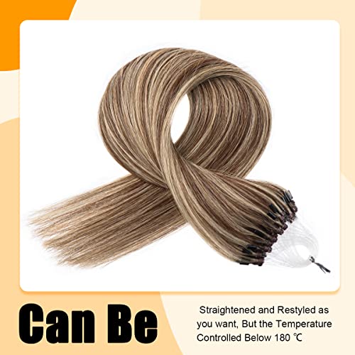 Micro Ring Hair Extensions Human Hair Remy Virgin Micro Loop Human Hair Extension 0.5G/Strand 50G Micro Bead Hair Extensions (14 Inch, 4/613 Medium Brown Mix With Blond) #TOP3