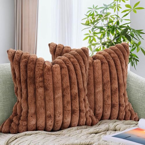 AmHoo Pack of 2 Decorative Throw Pillow Covers Faux Rabbit Fur Cozy Velvet Super Soft Fuzzy Striped Set Case Cushion for Couch Sofa Bedroom 20 x 20-Inch Brown