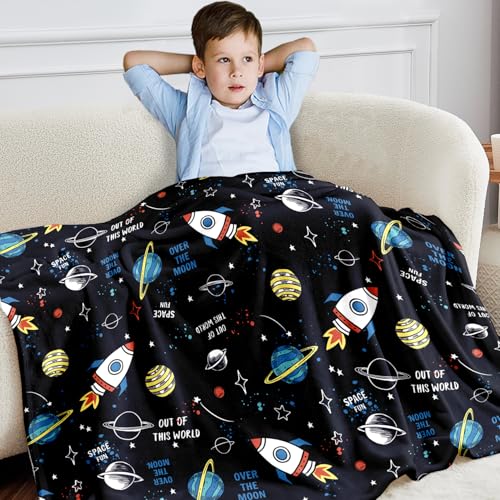 Wajade Toddler Fleece Blanket for Boys - 3D Space Rocket Planets Soft Throw - Birthday, Christmas, Halloween Decor - 50
