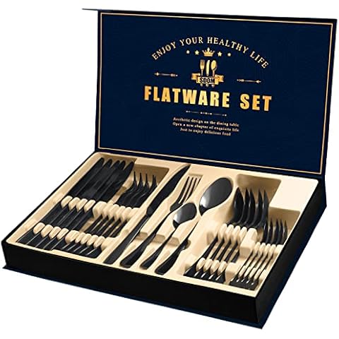 Black Silverware Set with Gift Box, Mirror Finish 24-Piece Stainless Steel Flatware Set, Kitchen Utensil Set Service for 6, Tableware Cutlery Set for Home Party Restaurant (Black) Cover