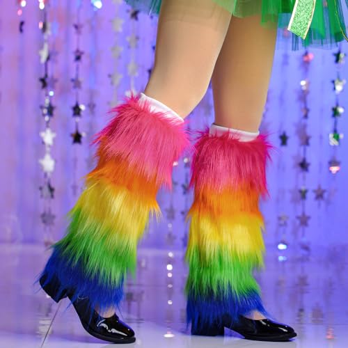 Abien Womens Rave Fur Leg Warmers Rainbow Leg Warmer Faux Fur Boot Sleeves Long Boot Covers Mardi Gras Accessories for St. Patrick's Day Rave (Colorful)4