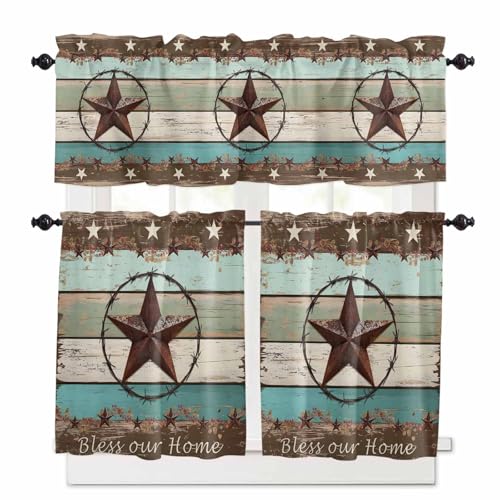 West Texas Star Rustic Kitchen Curtains 36 Inch Length,3 Piece Rod Pocket Small Half Tiers and Valance Set,Farmhouse Teal Green Wood Plank Small Large Window Treatment Decor for Bedroom/Bathroom Sink