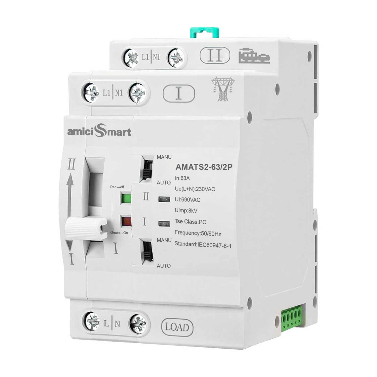 amiciSmart 63A Dual Power Automatic Control Transfer Switch, 230VAC Single-Phase Changeover Switch, White amiciSmart 63A Dual Power Automatic Control Transfer Switch, 230VAC Single-Phase Changeover Switch, White
