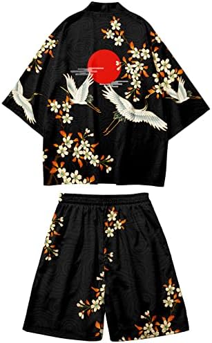 DOSLAVIDA Men's Japanese Kimono Jacket Set Stylish Open Front Coat With Shorts Chinese Style Printed Cardigan Suits