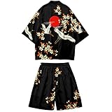 DOSLAVIDA Men's Japanese Kimono Jacket Set Stylish Open Front Coat With Shorts Chinese Style Printed