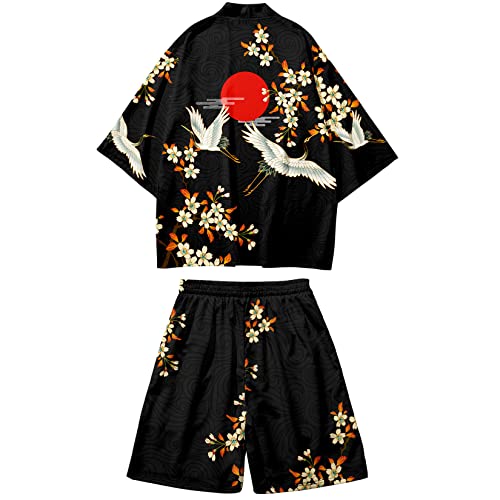 Doslavida Men's Japanese Kimono Jacket Set Stylish Open Front Coat With Shorts Chinese Style Printed Cardigan Suits #TOP10