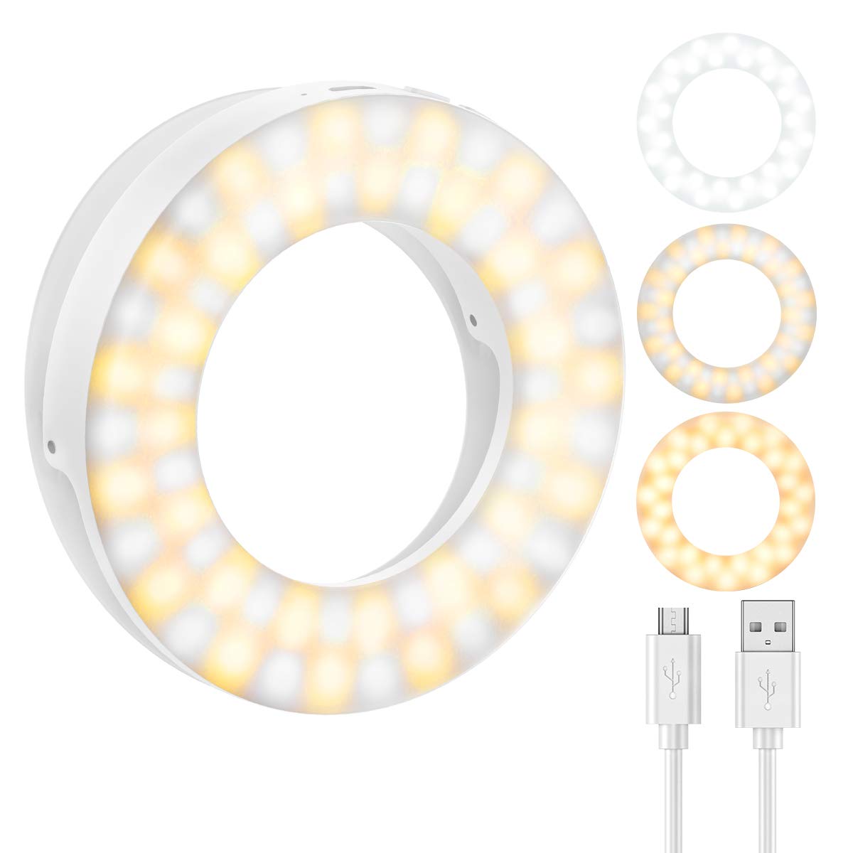 (Upgraded Version) Clip-on 60LED Selfie Ring Light, 3 Lighting Colors, 350mAh Rechargeable Phone Camera LED Light, Brightness Adjustable Selfie Circle Light for Smartphones, Laptop (1m USB Cable)