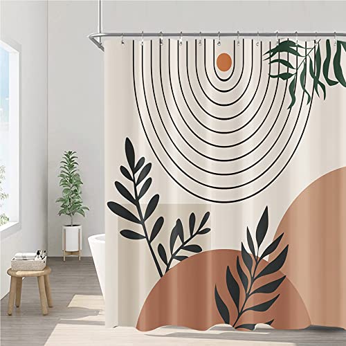 Mid Century Boho Shower Curtain Modern Minimalist Arched Curve Abstract Geometric Plant Leaf Semicircle Aesthetic Bathroom Curtains 72 x 72 Inch Terracotta Bathtub Decor Polyester Fabric