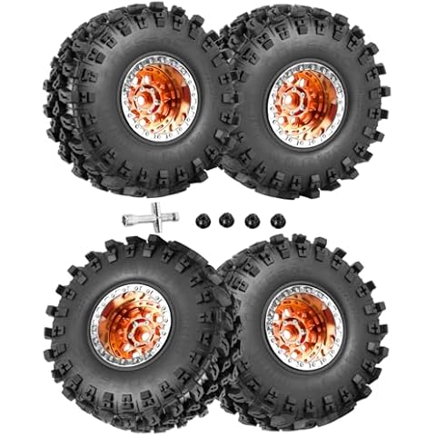 RcarmubWow RC 2.2 Beadlock Wheels and Tires for 1/10 TRX4 Axia1 SCX10 Capra AMG 6x6 Redcat Gen8 Everest Gen7 Pro RC Crawler,Alunium 2.2 Beadlock Rims RC Wheels 2.2 Beadlock Tires,4pcs,Orange Cover