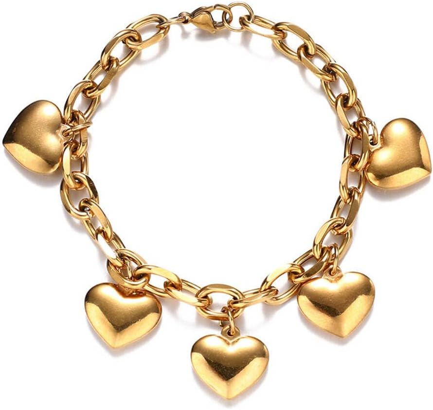 Stainless Steel Bracelets for Women with Heart Charm Chain Tassel Love Charms Chunky Link Bracelet Jewelry Romantic Gift