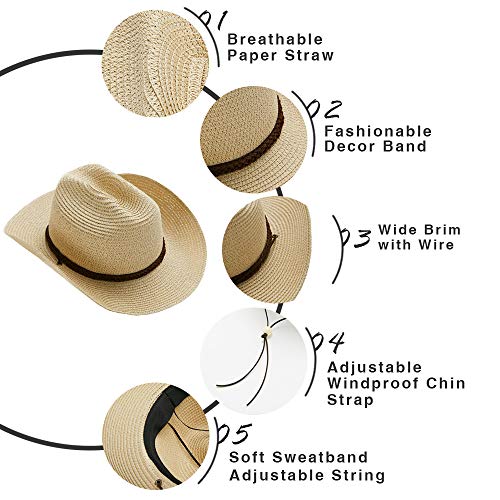 Straw Cowboy Hat,Summer Beach Panama Sun Hats Men & Women Western Wide Curved Brim Fedora With Adjustable Chin Strap Upf50+ (L(7 1/4-7 3/8), A4-Straw Yellow) #TOP2