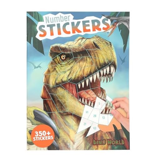 Depesche 13243 Dino World Number Sticker - Stickerboek met 16 pagina's voor het ontwerpen van dinosaurusmotieven op nummer, inclusief 8 stickervellen