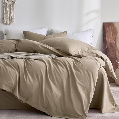 Image of JELLYMONI 100% Washed Cotton Duvet Cover Queen - Soft, Breathable Linen-Look Bedding with Natural Wrinkle Texture, Button Closure, 3-Piece Set (Dusty Khaki, 90 inchx90 inch)